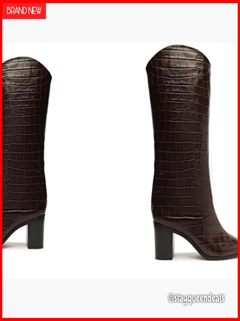 Knee-High Block Heel Boots Crocodile Embossed Leather Zip Closure - Picture 5 of 7